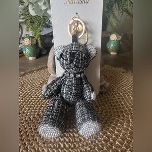 Sparkling Tweed Bear Bag Charm or Key Chain - Black & White Crystal Accent